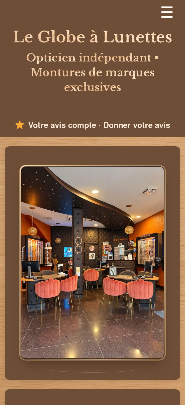Page d’accueil mobile du Globe à Lunettes : titre, montures de marques exclusives et photographie de la boutique