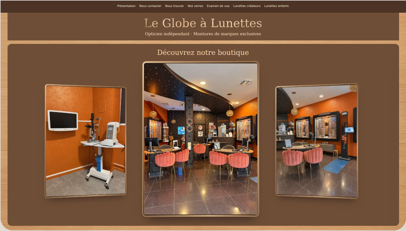 Aperçu du site Le Globe à Lunettes, avec son univers bois et les photographies de la boutique.