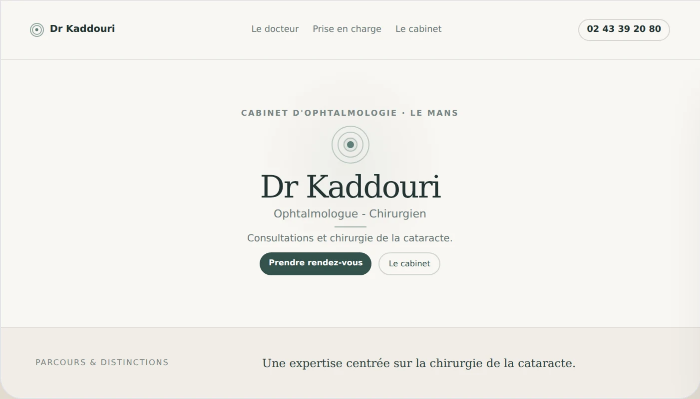 Aperçu du site du Dr Kaddouri, avec la présentation du cabinet d’ophtalmologie et l’accès à la prise de rendez-vous.